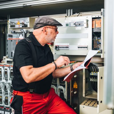Techniker in schwarzem Shirt prüft elektrische Schaltanlage und macht Notizen.